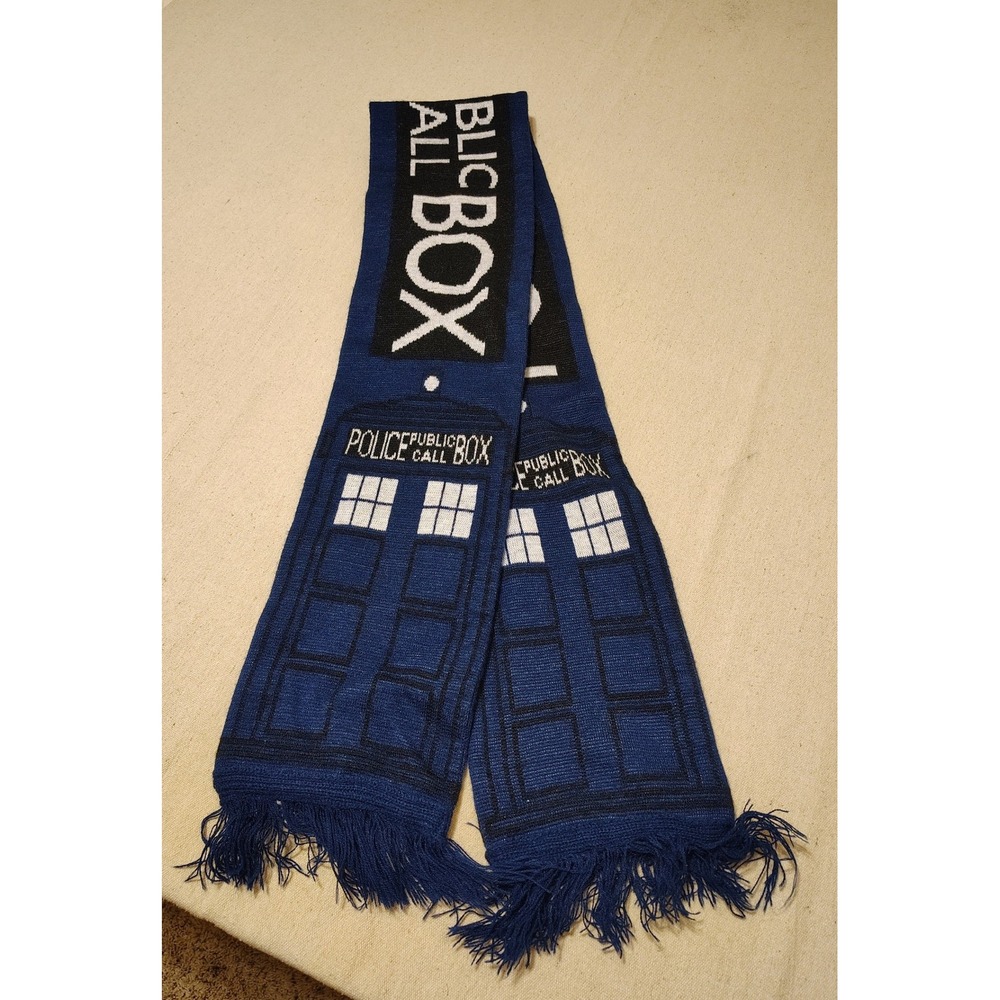 Doctor Who BBC TARDIS Police Public Call Box Blue Knit Scarf Fringe Cosplay Fan